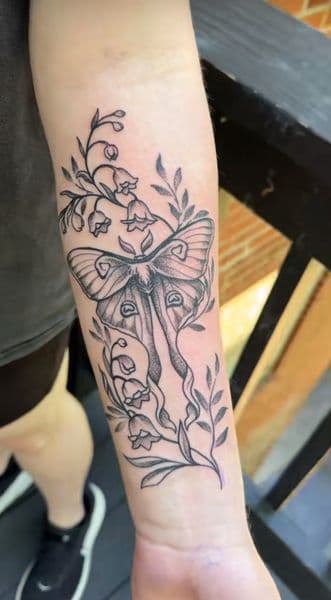 Fine Line + Black-work moth tattoo on Forearm by TattMe on TattMe