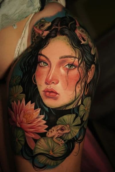 Illustrative + Color woman tattoo on Upper Arm by Daniella on TattMe