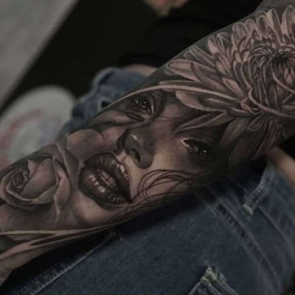Black & Grey + Realism woman tattoo on Forearm by Daniella on TattMe