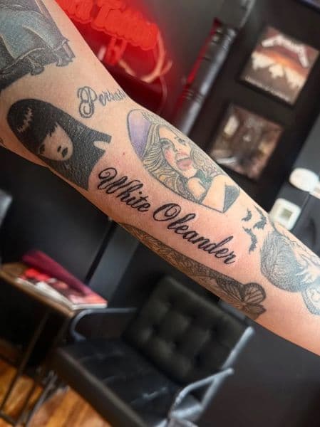 Lettering + Script white oleander tattoo on Forearm by Miss_Vampira on TattMe