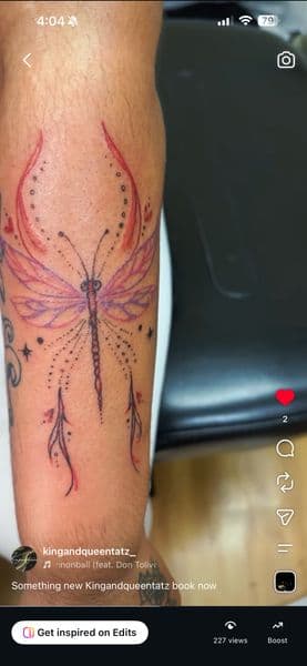 Fine Line + Color dragonfly tattoo on Forearm by kingandqueentatz on TattMe