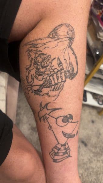Line-work + Black-work phineas tattoo on Calf by kingandqueentatz on TattMe