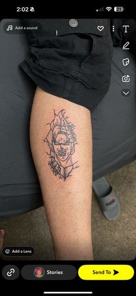 Anime + Black-work anime tattoo on Calf by kingandqueentatz on TattMe