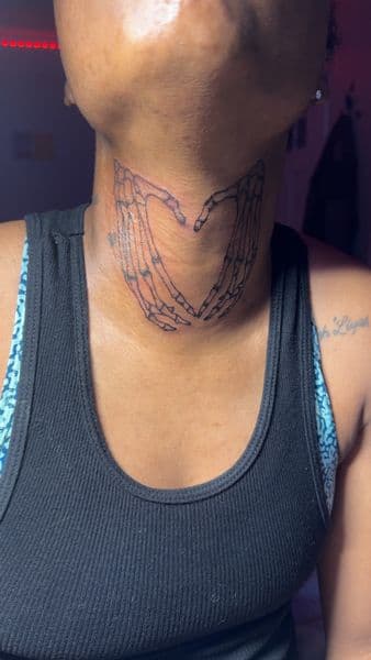 Black-work + Line-work skeleton hands tattoo on Neck (Front) by kingandqueentatz on TattMe