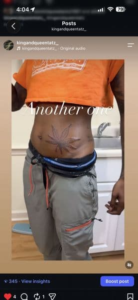 Black-work + Fine Line cannabis leaf tattoo on Stomach by kingandqueentatz on TattMe