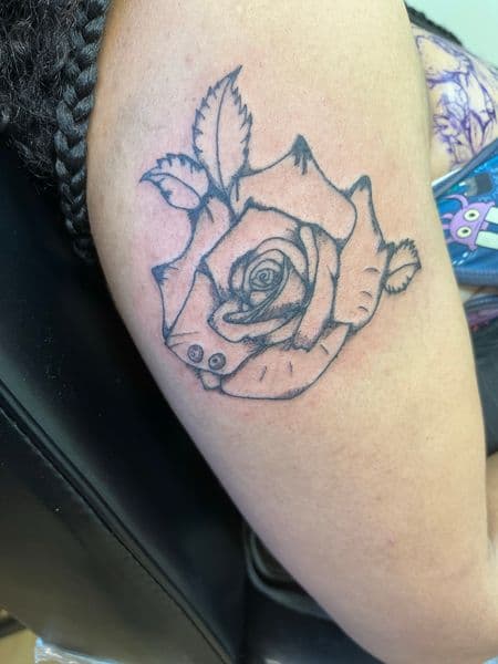 Line-work + Dot-work rose tattoo on Upper Arm by kingandqueentatz on TattMe