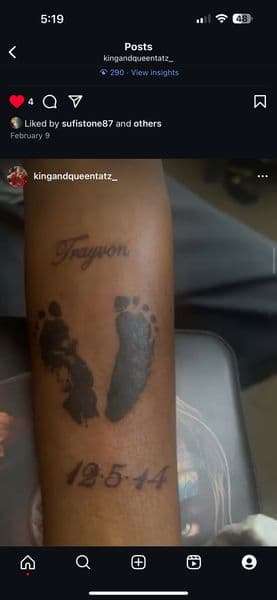 Black-work + Lettering footprints tattoo on Forearm by kingandqueentatz on TattMe
