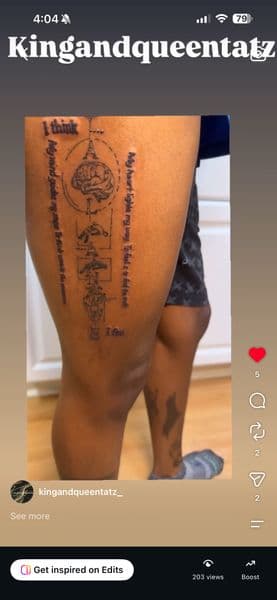 Fine Line + Black & Grey brain tattoo on Thigh by kingandqueentatz on TattMe