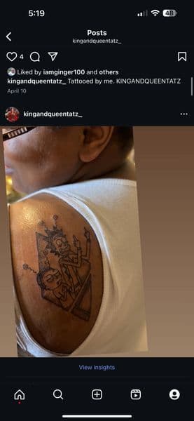 Line-work + Cartoon rick and morty tattoo on Shoulder by kingandqueentatz on TattMe