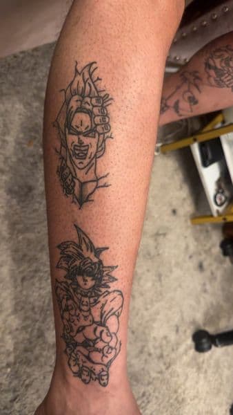 Anime + Line-work anime tattoo on Calf by kingandqueentatz on TattMe