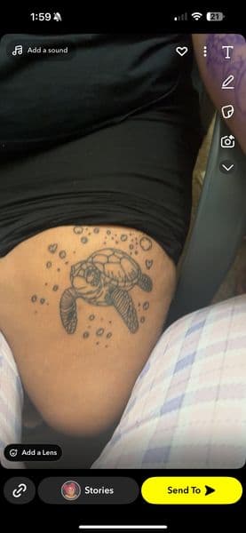 Fine Line + Black-work turtle tattoo on Thigh by kingandqueentatz on TattMe