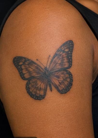 Black & Grey + Fine Line butterfly tattoo on Upper Arm by blavkink_dave on TattMe