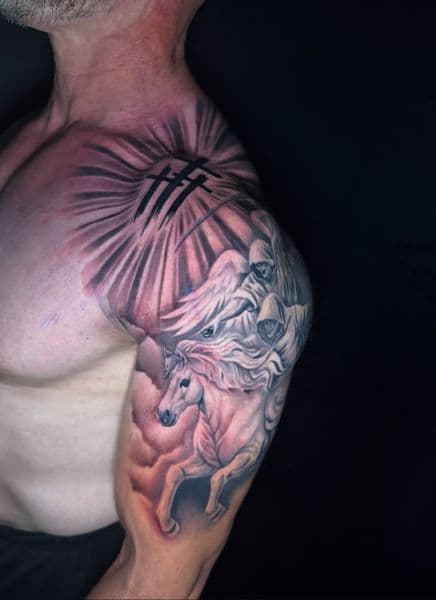 Illustrative + Realism horse tattoo on Shoulder by coreink on TattMe