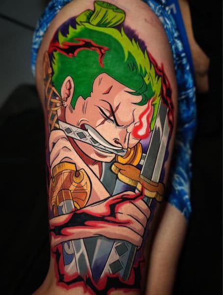 Anime + New School zoro tattoo on Thigh by coreink on TattMe