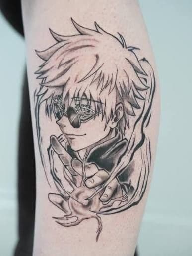 Anime + Black & Grey anime character tattoo on Calf by spilledinkz on TattMe