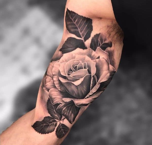 Black & Grey + Realism rose tattoo on Upper Arm by Urban_Ink_Studio_ on TattMe