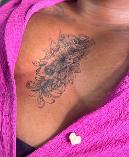 Fine Line + Black-work floral tattoo on Sternum by Urban_Ink_Studio_ on TattMe