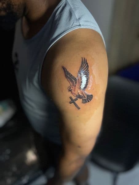 Black & Grey + Symbolic dove tattoo on Upper Arm by devil_tats_999 on TattMe