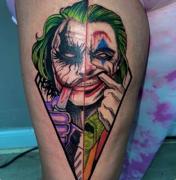 Color + Illustrative joker tattoo on Thigh by trendellatattoos on TattMe