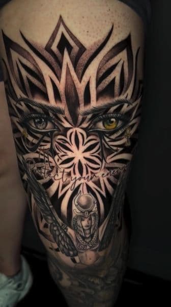 Black & Grey + Geometric eyes tattoo on Thigh by trendellatattoos on TattMe
