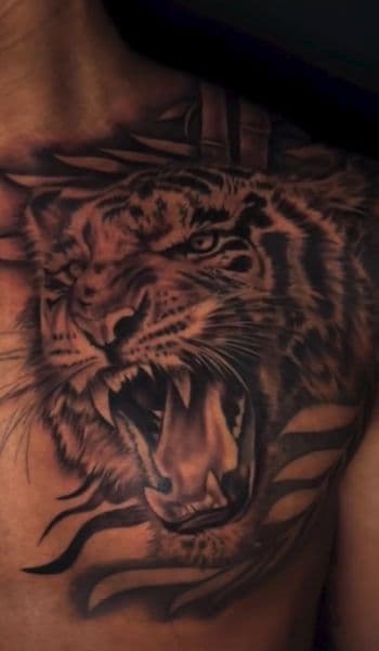 Black & Grey + Realism tiger tattoo on Chest by trendellatattoos on TattMe