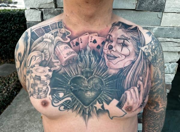 Black & Grey + Chicano playing cards tattoo on Chest by danibtat2 on TattMe