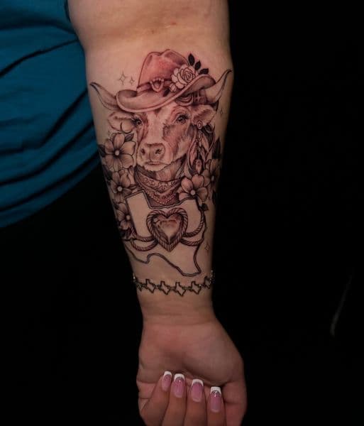 Black & Grey + Illustrative cow tattoo on Forearm by danibtat2 on TattMe