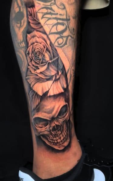 Black & Grey + Realism skull tattoo on Calf by danibtat2 on TattMe