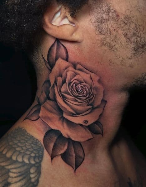 Black & Grey + Realism rose tattoo on Neck (Side) by danibtat2 on TattMe