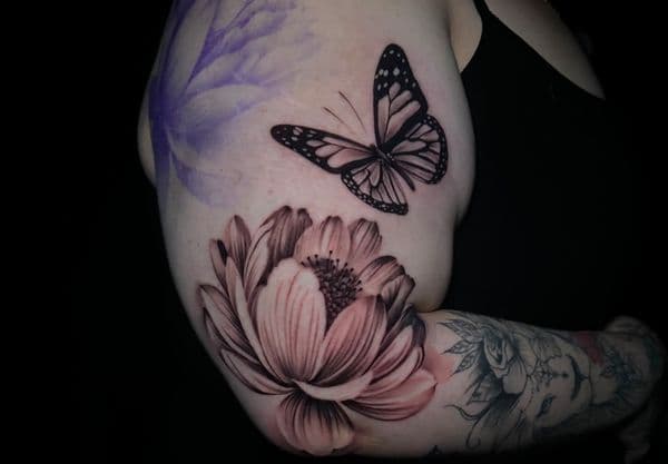 Fine Line + Black & Grey butterfly tattoo on Upper Arm by danibtat2 on TattMe