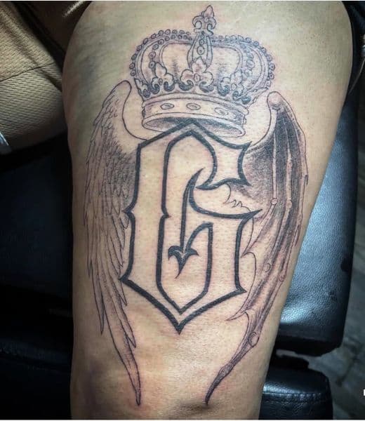 Black & Grey + Lettering crown tattoo on Thigh by thesharkmarcel on TattMe
