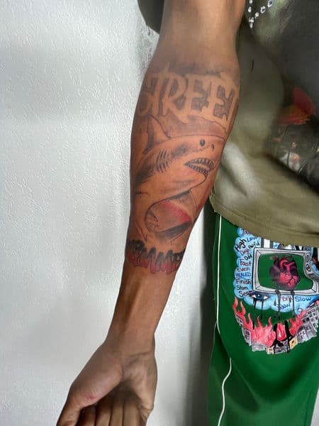 Black & Grey + Lettering shark tattoo on Forearm by thesharkmarcel on TattMe