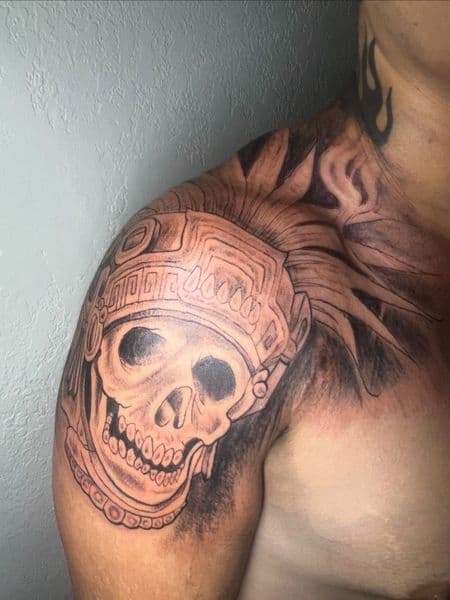 Black & Grey + Illustrative skull tattoo on Shoulder by thesharkmarcel on TattMe