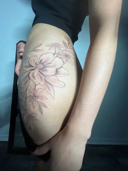 Floral + Fine Line flowers tattoo on Hip by thesharkmarcel on TattMe