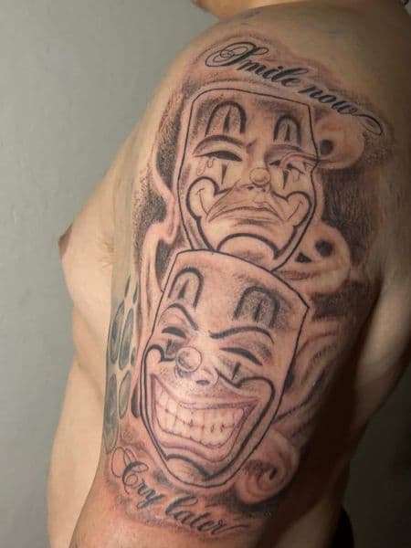 Black & Grey + Chicano masks tattoo on Upper Arm by thesharkmarcel on TattMe