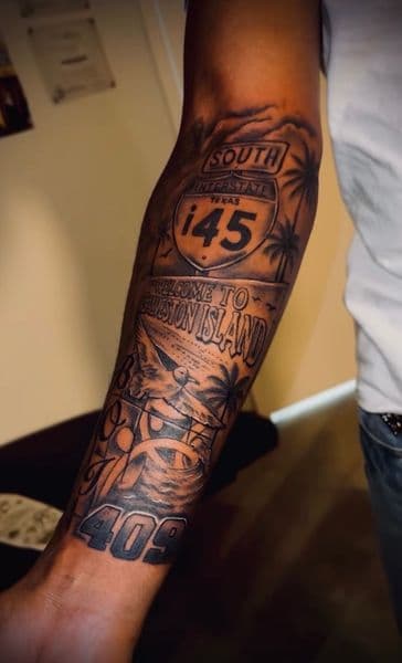 Black & Grey + Illustrative interstate sign tattoo on Forearm by MavelTatts on TattMe