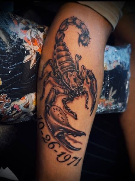 Black & Grey + Illustrative Realism scorpion tattoo on Calf by MavelTatts on TattMe