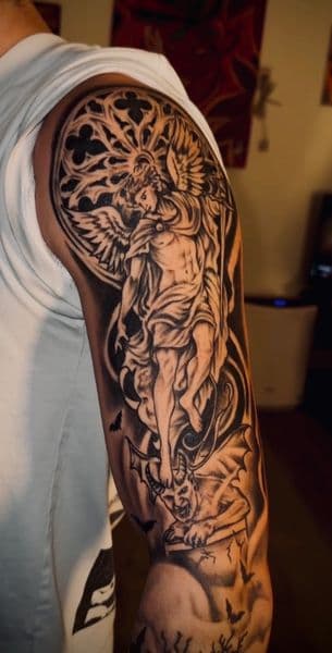 Black & Grey + Illustrative angel tattoo on Half Sleeve by MavelTatts on TattMe