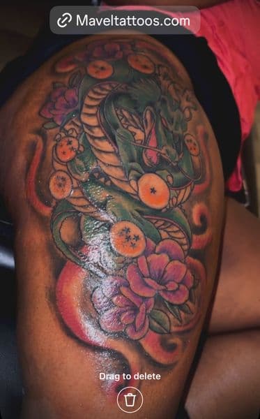 Color + Illustrative dragon tattoo on Thigh by MavelTatts on TattMe