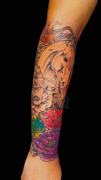 Neo-Traditional + Illustrative horse tattoo on Full Sleeve by n3xtlvltatt on TattMe