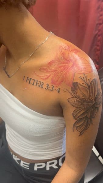 Floral + Lettering flowers tattoo on Shoulder by n3xtlvltatt on TattMe