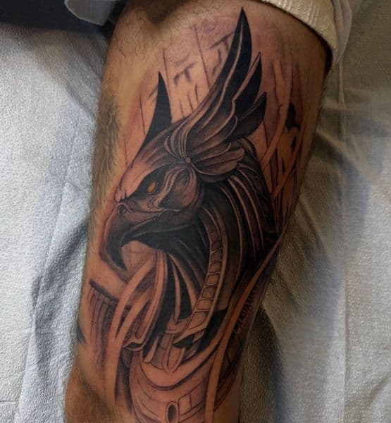 Black & Grey + Realism horus tattoo on Thigh by Sydd_Tattoo_studio_ on TattMe