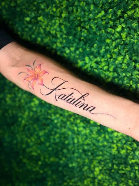 Lettering + Script flower tattoo on Forearm by inkedbyaneye on TattMe