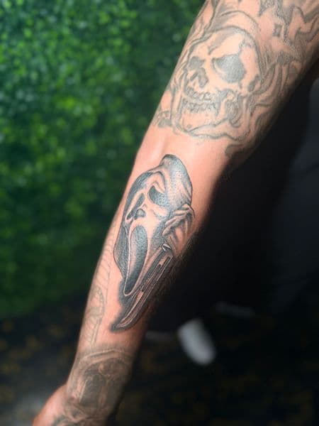 Black & Grey + Illustrative ghostface tattoo on Forearm by inkedbyaneye on TattMe