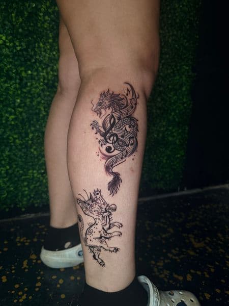 Line-work + Black & Grey dragon tattoo on Calf by inkedbyaneye on TattMe