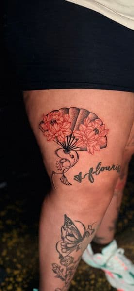 Japanese + Floral japanese fan tattoo on Thigh by inkedbyaneye on TattMe