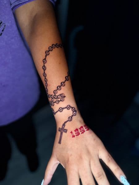 Black & Grey + Lettering rosary tattoo on Wrist by inkedbyaneye on TattMe