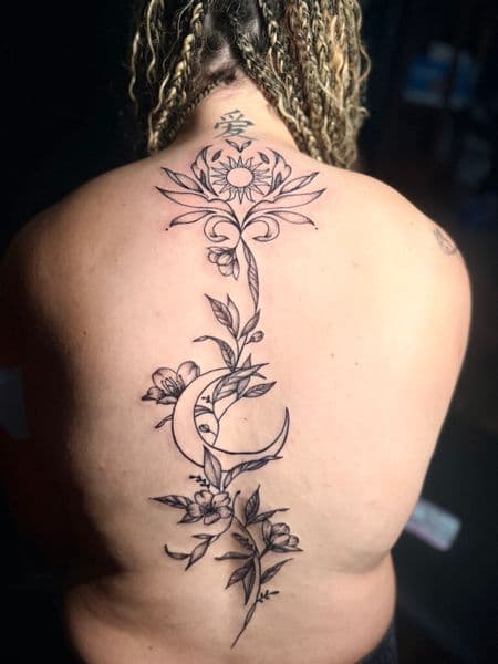 Fine Line + Dot-work sun tattoo on Spine by inkedbyaneye on TattMe