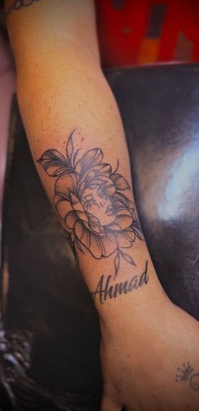 Fine Line + Black-work flower tattoo on Forearm by inkedbyaneye on TattMe