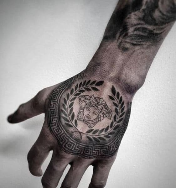 Black & Grey + Fine Line medusa tattoo on Hand by oliva on TattMe
